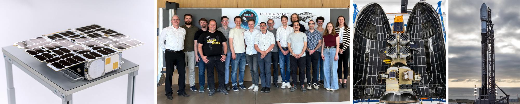 Eindrücke vom Start von QUBE-II von links nach rechts: der integrierte QUBE-II-Satellit mit ausgeklappten Solarpanels (Bild: Kongsberg NanoAvionics), Teile des QUBE-II-Teams beim Launch-Event (Bild: OHB), die Satellitendispenser der CAS500-2-Mission (Bild: SpaceX) sowie die Falcon-9-Rakete auf der Vandenberg Space Force Base in Kalifornien (Bild: SpaceX).